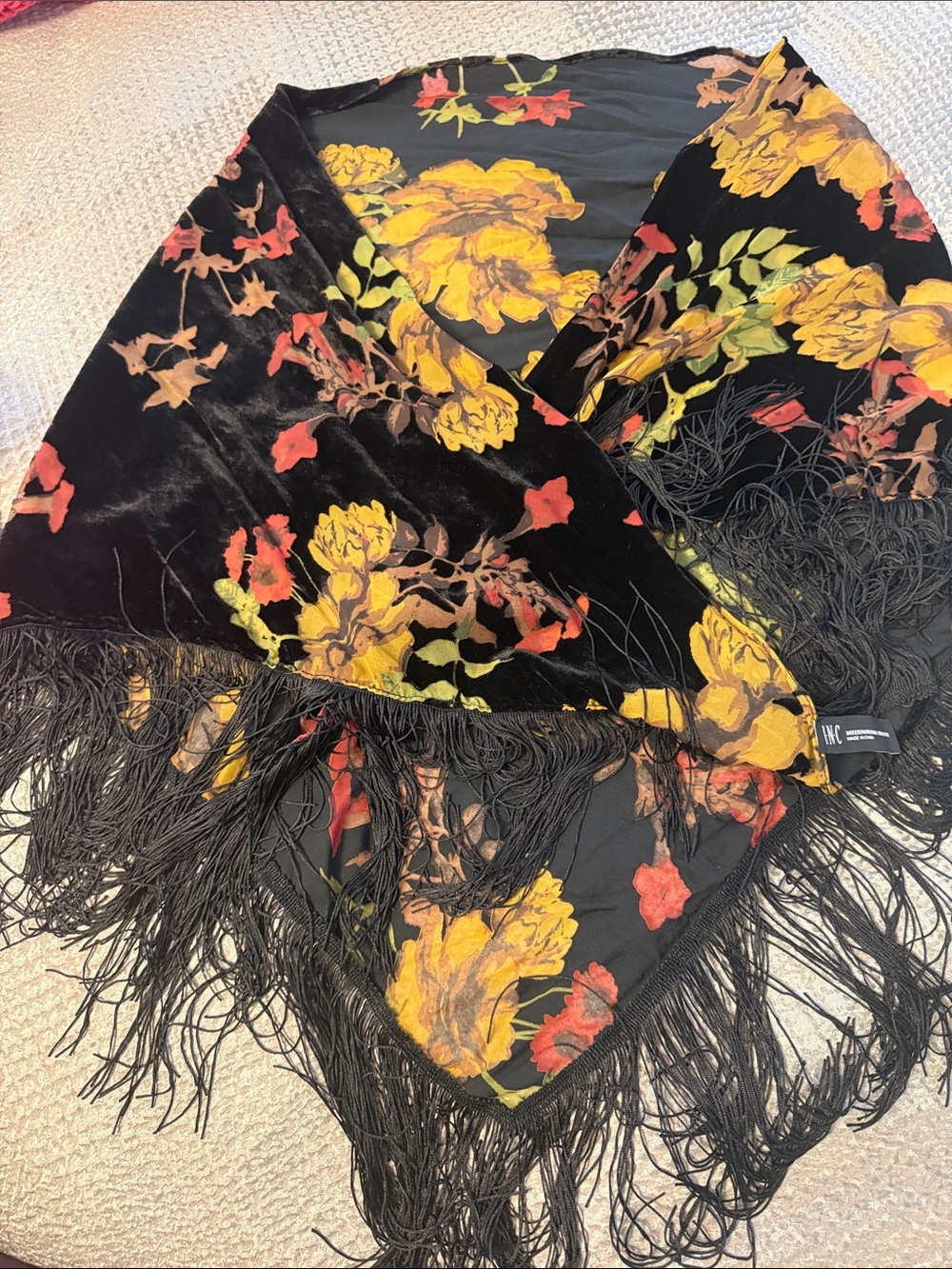 Black Floral Velvet Fringe Shawl - Yellow & Red Floral